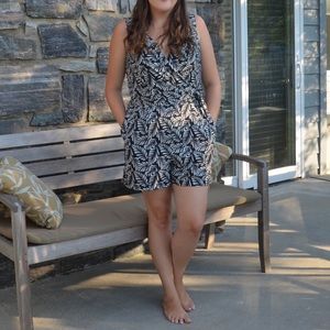 LOFT Palm Tie Waist Black and White Print Romper